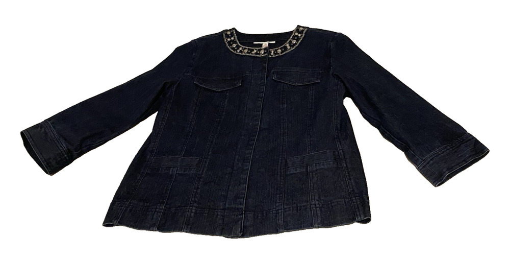 JM Collection Womens Dark Jean Jacket Size 6 Embellished Jeweled Neckline Office
